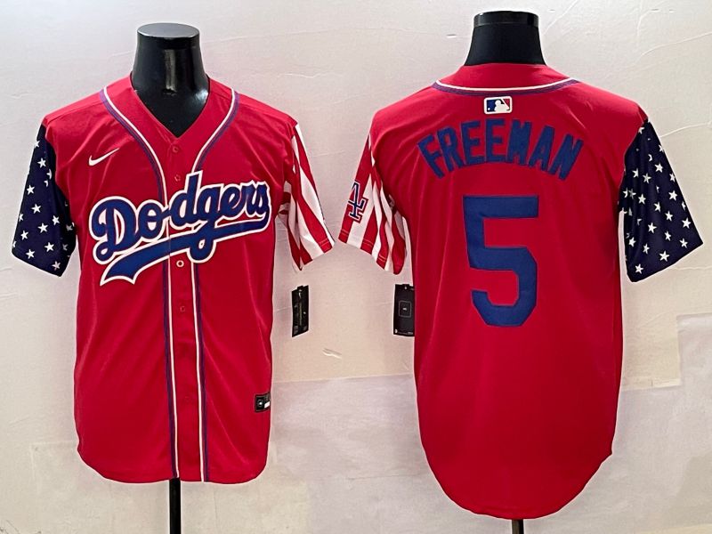 Men Los Angeles Dodgers 5 Freeman Red a generation of national flags Joint name 2025 Nike MLB Jersey style 1
